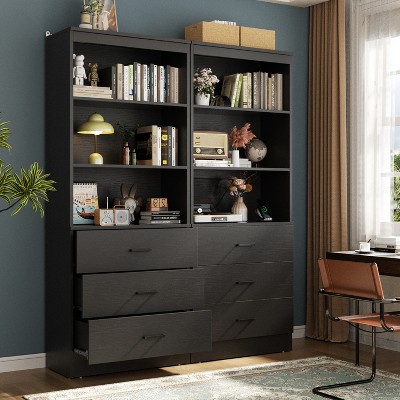 Aheaplus 71'' Tall Storage Bookcase, Bookshelf with 3-Tier Open Shelves and 3 Drawers, Wood Storage Cabinet
