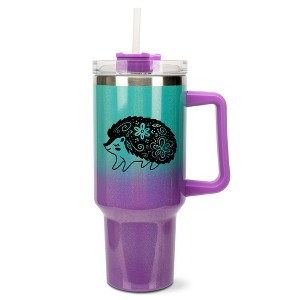 Elanze Designs 40 Ounce Ombre Travel Tumbler With Straw and Lid Stainless Steel Double Wall Insulated Woodland Floral Hedgehog Teal and Purple Glitter - 1 of 4