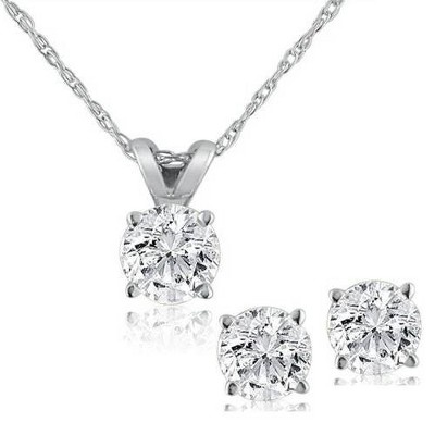 Pompeii3 3/4CT T.W. Diamond Studs & Solitaire Necklace Set in 14k White or Yellow Gold