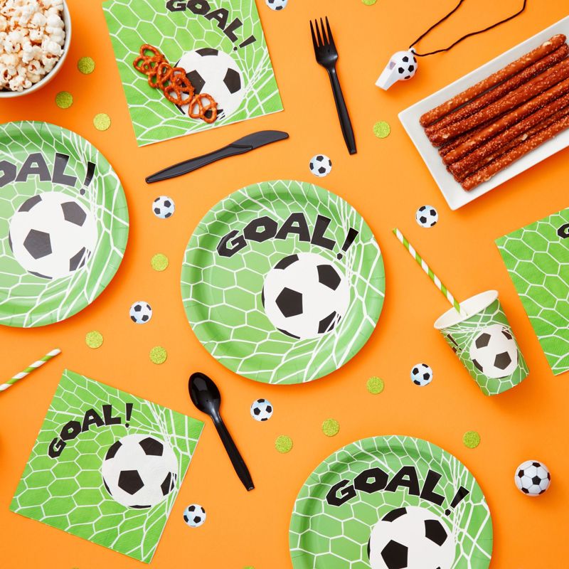 Juvale 144-Piece Soccer Themed Birthday Party Supplies, Bundle Includes Paper Plates, Napkins, Cups, and Plastic Cutlery (Serves 24), 2 of 9