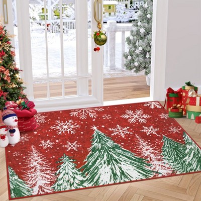 Christmas Area Rugs, Washable Non-Slip Snowflakes Snowscape Carpet, Soft Low Pile Foldable Stain Resistant for Bedroom, Home