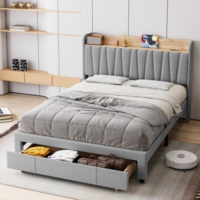 Upholstered Bed Frame with Storage Headboard and Charging Station, Platform Bed Frame with Drawers
