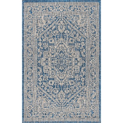 Gray and Navy Synthetic Medallion Flat Woven Reversible Rug