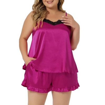 Agnes Orinda Plus Size Sleeveless Sleepwear for Women Contrast Lace Cami  Pajamas Set Burgundy 2X