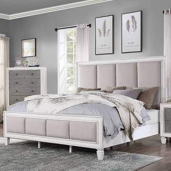 88" Eastern King Bed Katia Bed Light Gray Linen, Rustic Gray Weathered White Finish - Acme Furniture