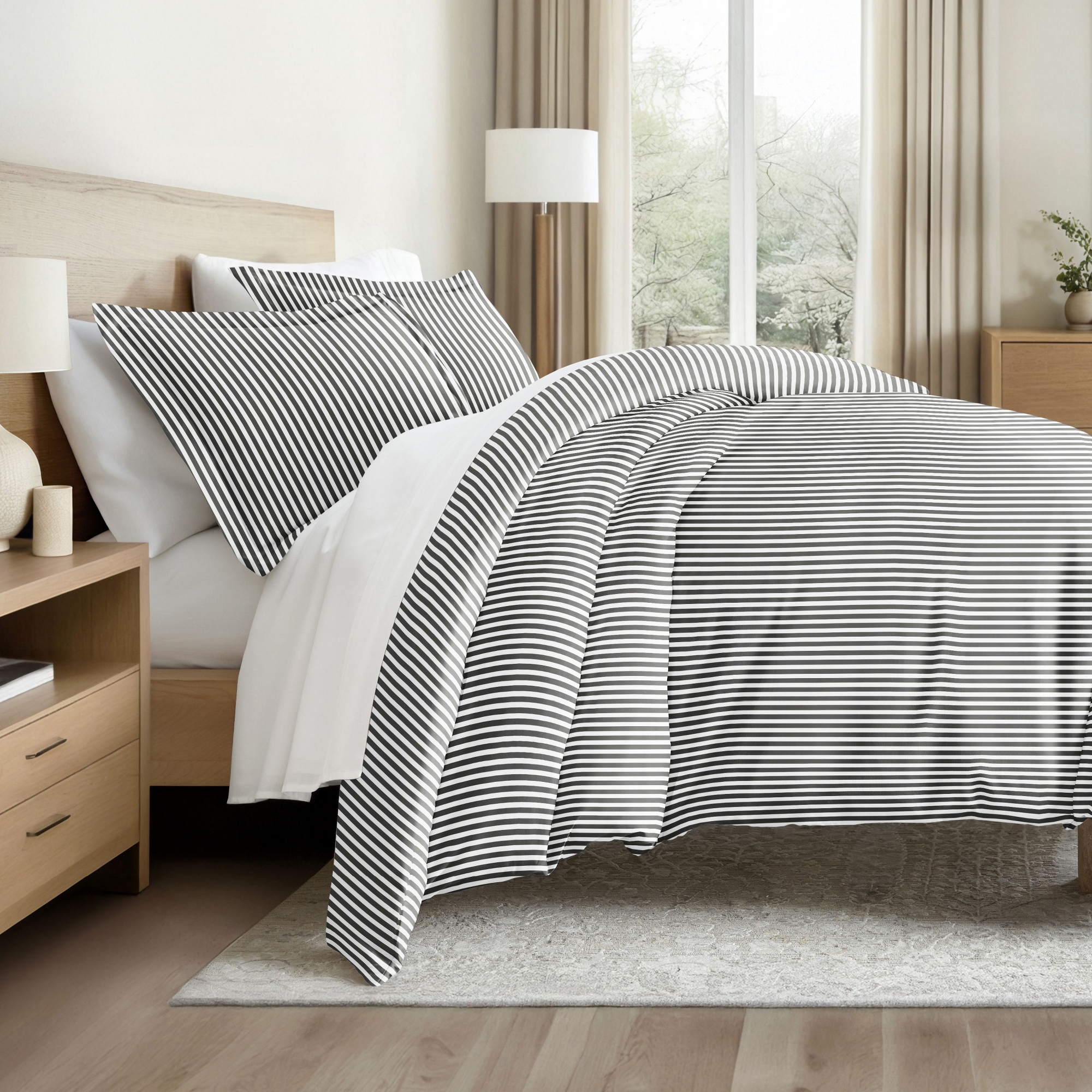 Stripe Pattern Premium Ultra Soft 3PC Duvet Cover & Shams Set - Becky Cameron (Shams Included), Ribbon / Gray, King/California King