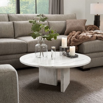 27.6" Round Marble Coffee Table, Upscale Genuine Natural Stone Table with Unique Veining for Living Room - Cuddlewood