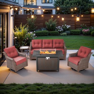 Buenhomino 5 Piece Outdoor Patio Furniture Set with 50000 BTU Propane Fire Pit Table, Deep Seating Wicker Swivel Rocker Chairs Patio Conversation Set - 1 of 4