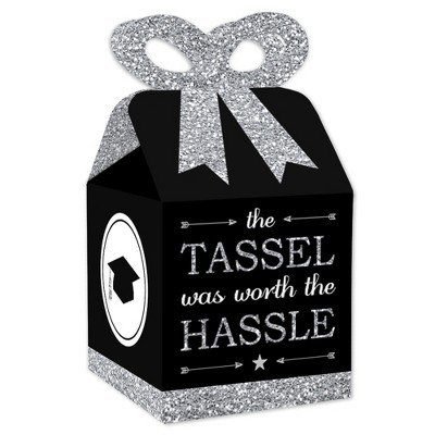 Big Dot of Happiness Tassel Worth The Hassle - Silver - Square Favor Gift Boxes - Graduation Party Bow Boxes - Set of 12