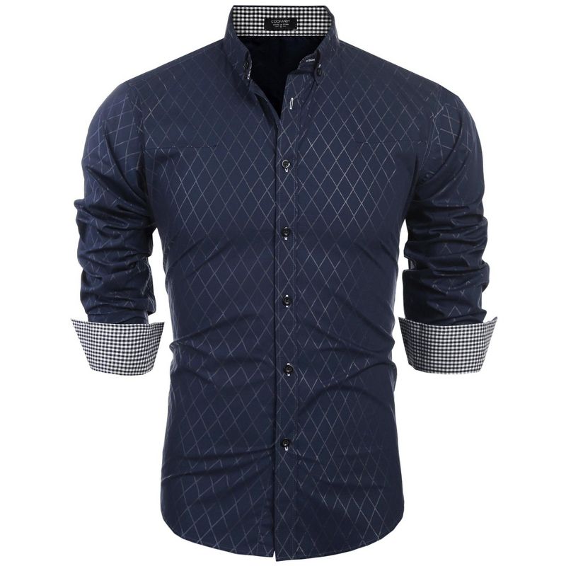 COOFANDY Men's Long Sleeve Wrinkle Free Dress Shirts Inner Contrast Business Casual Button Down Shirt Navy Blue XS