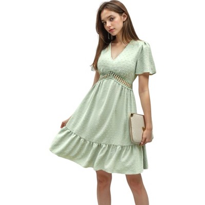 Anna-Kaci Women's Crochet Detail Clip Dot Textured Ruffle Flared Dress