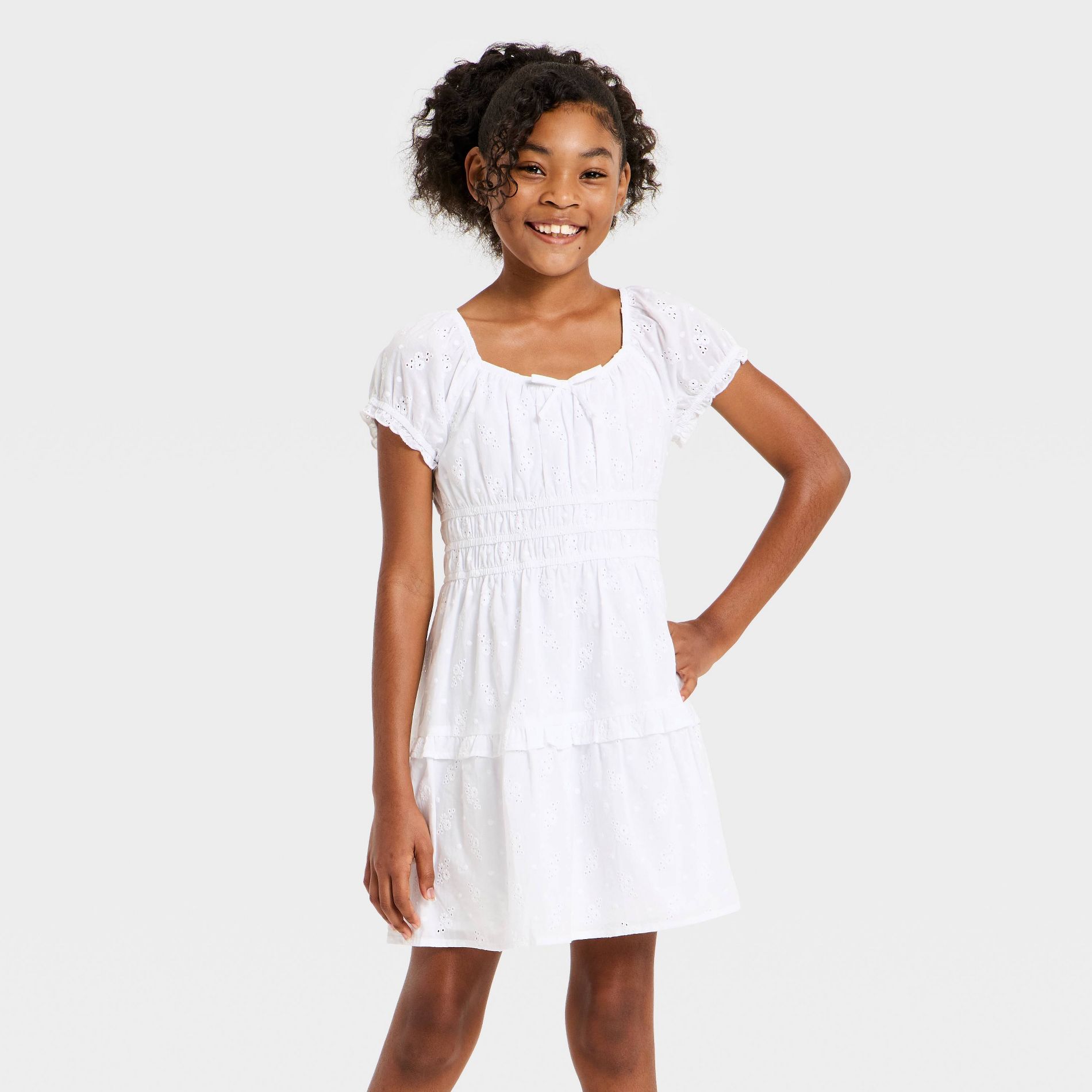 Girls' Puff Sleeve Fit and Flare Eyelet Dress - art class™ White