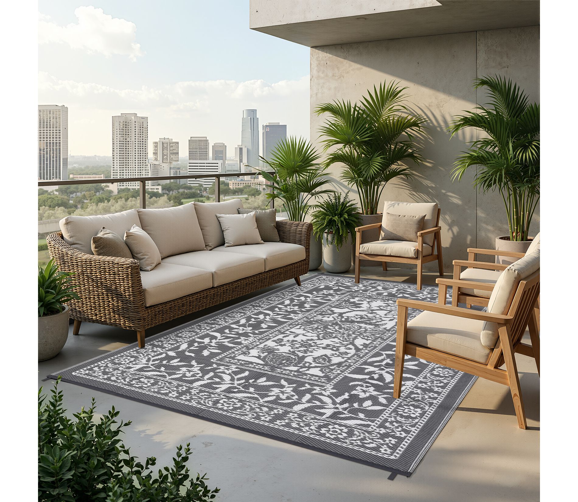 Reversible Outdoor Area Rug, Grey/White - Waterproof, Easy Clean, UV Resistant Patio Mat, Washable Garden Carpet