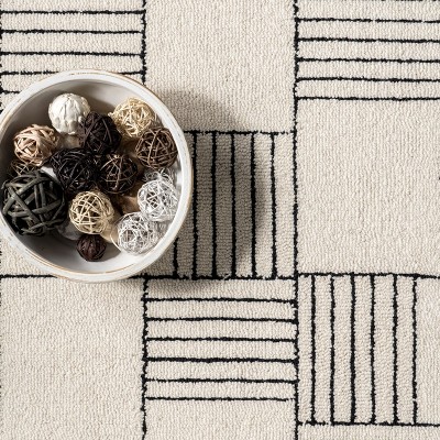 Ivory Abstract Checkered Handmade Wool Area Rug, 6' x 9'