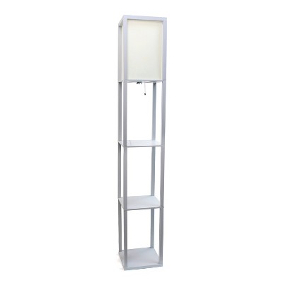 Elegant Gray Floor Lamp with Linen Shade and Display Shelves