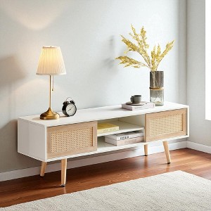 55" Rattan TV Cabinet with Double Sliding Doors, Modern Farmhouse Media Console with Adjustable Shelf and Solid Wood Legs for Living Room - 1 of 4