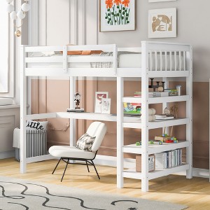 NicBex Twin Size Bunk Bed with Desk Pinewood Rack Multifunctional Bed Frame with Storage Shelves, Guardrails and Ladder, No Spring Box Required - 1 of 4