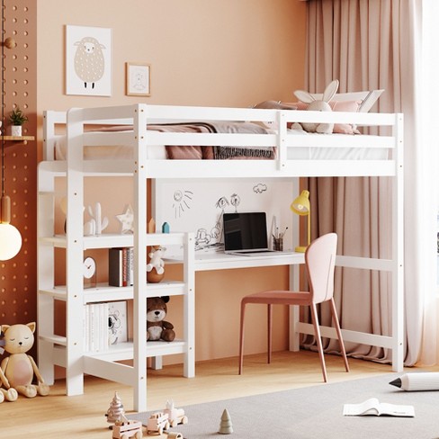 Twin Size Wooden Loft Bed With Shelves, Desk And Writing Board, White ...