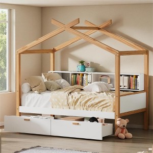 Merax Wooden House Bed with Two Storage Drawers & Built-In Bookshelf - 1 of 4