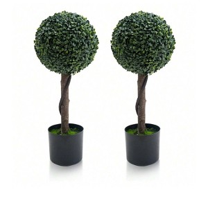 24in Artificial Boxwood Topiary Ball Tree Set of 2 Fake Decorative Plant Fake Topiary Ball Boxwood Trees Nursery Pot Included for Home  Balcony  Back - 1 of 4