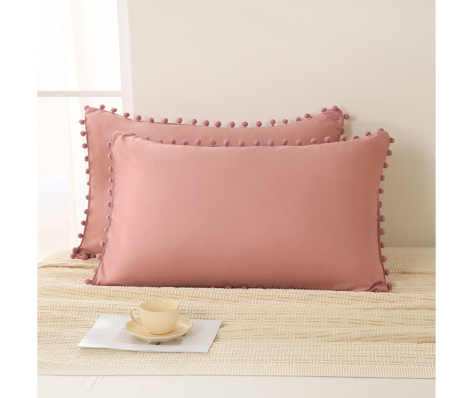 Pom-Pom Fringe Pillowcases & Body Pillow Cover – Soft Decorative Bedding Shams with Deep Pocket, Queen/King/Body Options