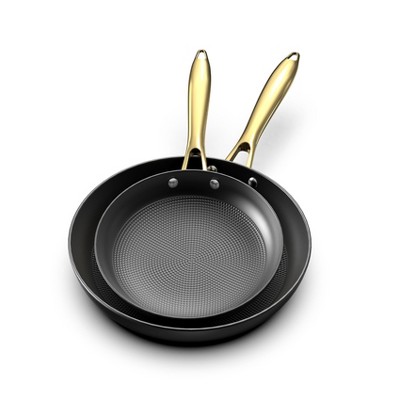 imarku Non Stick Frying Pans, Professional Cast Iron Skillets 2 Pcs - 8 Inch & 10 Inch Frying Pans Nonstick, Honeycomb  Frying Pan Set Gold Handle