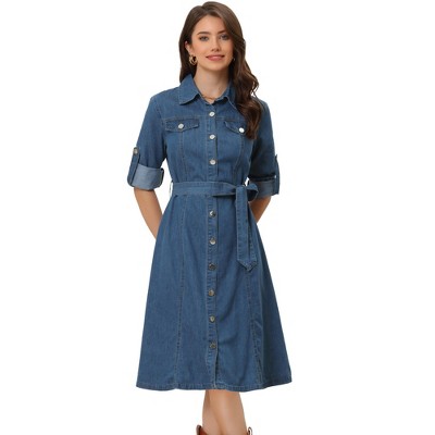 Button Down Denim Shirt Dress Long Sleeve A Line Mini Tie Waist Classic  Jean Dress Vintage Western Cowgirl Outfits