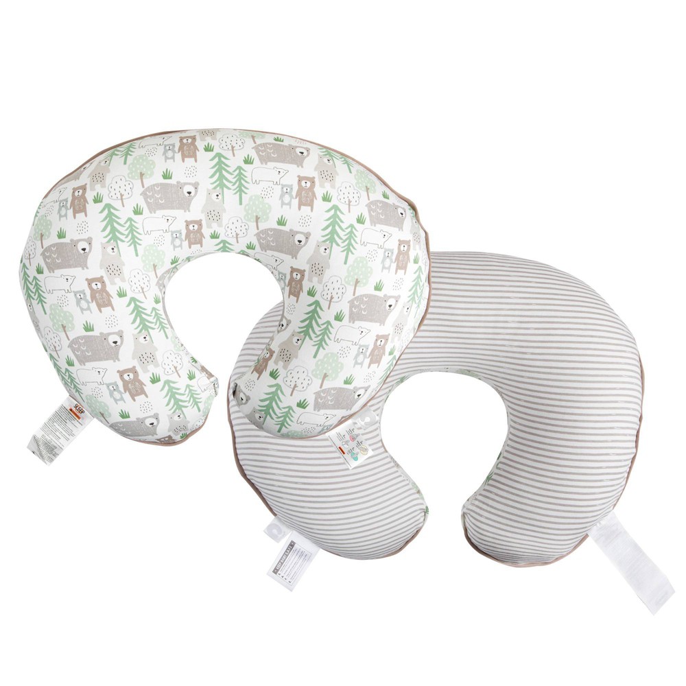 Boppy Nursing Pillow Cover Organic Fabric | Taupe Bears Side and Tan stripes Side with Piping | Organic Cotton Fabric | Fits Boppy Bare Naked  Original and Luxe Breastfeeding Pillow | Awake Time Only