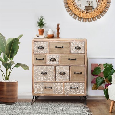 White Fir and Iron Mid-Century Bohemian Accent Cabinet