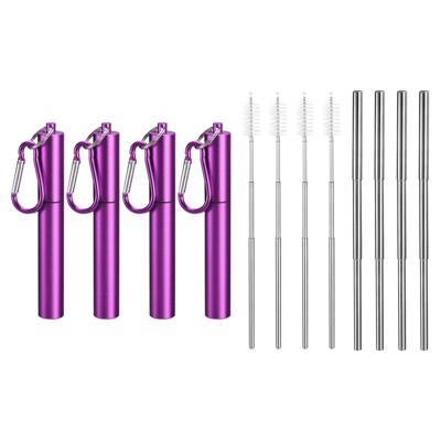 Unique Bargains 304 Stainless Steel Portable Durable Drinking Straw with Flat Case and Cleaning Brush 4 Pcs