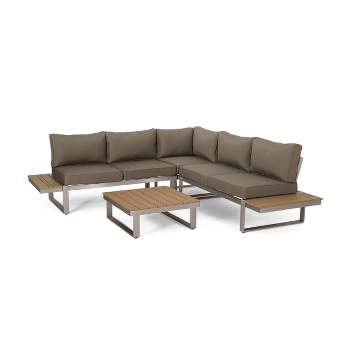 Sterling 4pc Outdoor Aluminum V Shaped 5 Seater Sofa with Cushions - Khaki/Natural - Christopher Knight Home