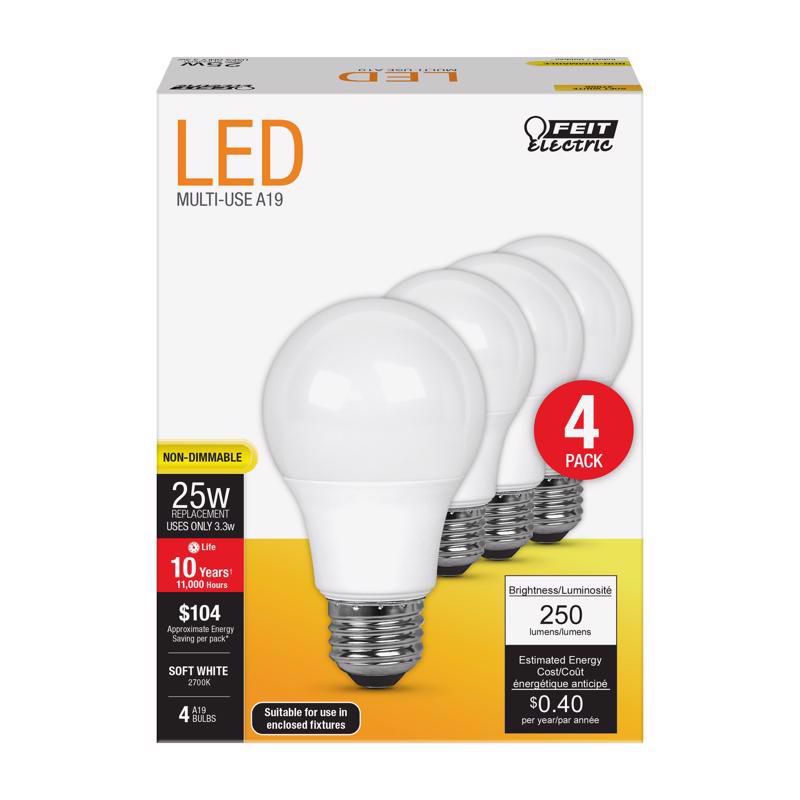 Feit Electric A19 E26 (Medium) LED Bulb Soft White 25 Watt Equivalence 4 pk, 1 of 2