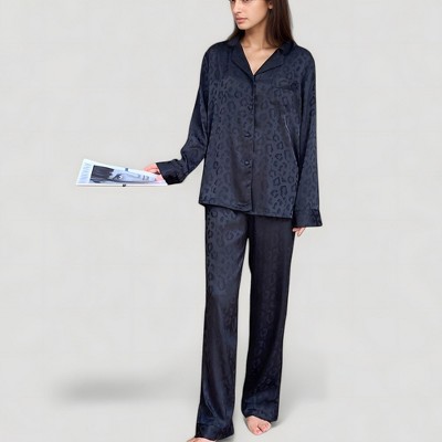 Anna-Kaci Lounge Women's Long Sleeve Button Up Pajama Set with Satin Leopard Texture and Relaxed Fit Pants