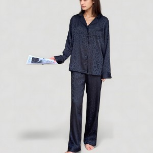 Anna-Kaci Lounge Women's Long Sleeve Button Up Pajama Set with Satin Leopard Texture and Relaxed Fit Pants - 1 of 4