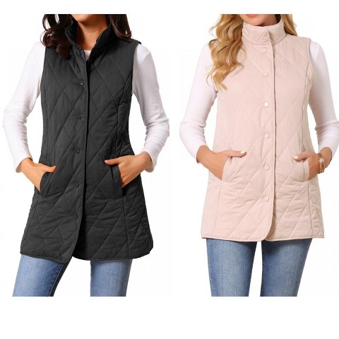 INSPIRE CHIC Women's Winter Stand Collar Sleeveless Lightweight Gilet Quilted Long Puffer Vest Black Small 2 Packs Black/Dusty Pink X-Large