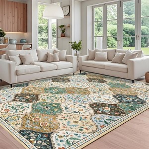 Modern Washable Area Rug, Vintage Distressed Throw Carpet with Non Slip Backing, Low Pile Stain Resistant Floor Cover for Home - 1 of 4