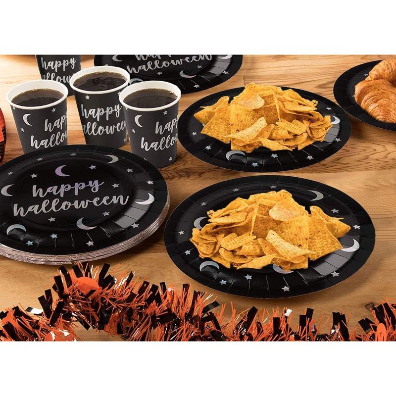Blue Panda 72 Piece Halloween Party Supplies Plates, Napkins, and Cups with Holographic Silver Print Dinnerware, Serves 24, Black, 3 of 8