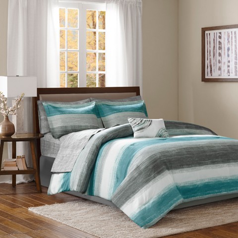 Madison Park Aqua Seth Comforter and Cotton Sheet Set (Twin) 7pc: Microfiber Bedding, Embroidered, OEKO-TEX Certified