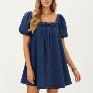 Anna-Kaci Women’s Puff Sleeve Denim Babydoll Dress with Square Neckline Adjustable Front Tie Detail and Soft A-Line Silhouette - 1 of 4