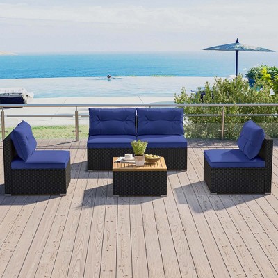 Costway 5 Piece Outdoor Furniture Set with Seat & Back Cushions Acacia Wood Tabletop Blue/Black