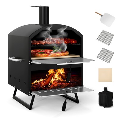 Tangkula Outdoor 16" Wood Fired Pizza Oven 2-Layer Pizza Maker with Square Stone