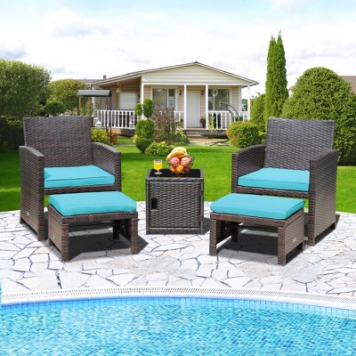 Costway 5PCS Patio Rattan Furniture Set Ottoman Cushioned W/Cover Space Saving Off White/Gray/Red/Turquoise