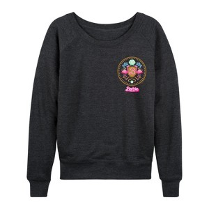 Women's - Barbie - Barbie Crest Full Color Lightweight French Terry Wide Neck Long Sleeve Graphic Shirt - 1 of 4