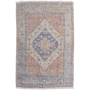 Red Blue and Ivory Abstract Hand Woven Distressed Area Rug With Fringe - 1 of 4