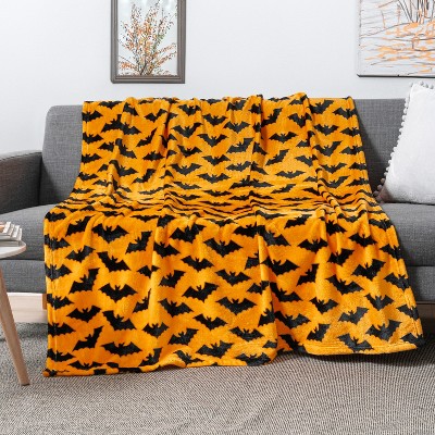 Halloween Bat Pattern Fleece Throw Blanket, 50x60, Orange and Black