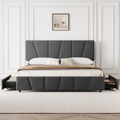 Bed Frame w/Adjustable Headboard & 4 Storage Drawers, Upholstered Platform w/Wooden Slats - No Box Spring