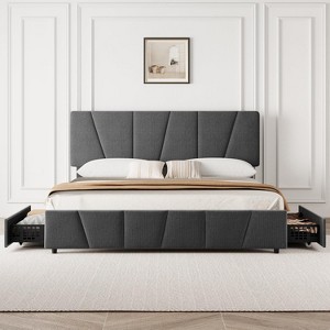 Bed Frame w/Adjustable Headboard & 4 Storage Drawers, Upholstered Platform w/Wooden Slats - No Box Spring - 1 of 4
