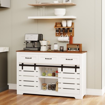 MOEPISY 53In Farmhouse Sideboard Buffet Storage Cabinet with 3 Drawers, 2 Sliding Barn Doors, White