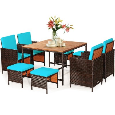 Turquoise PE Wicker and Acacia Wood 9-Piece Outdoor Dining Set