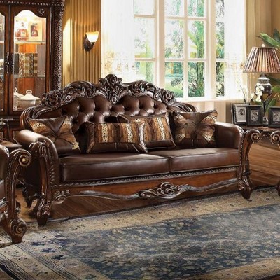 Versailles Cherry Faux Leather Tufted Sofa with Pillows